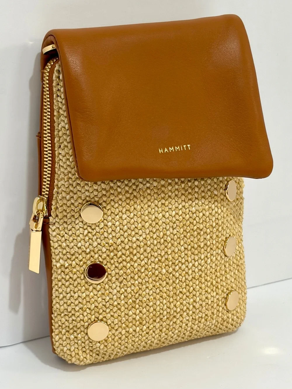Hammitt VIP Mobile Crossbody Bag In Cocoa Raffia With Shiny Gold Hardware NWOT